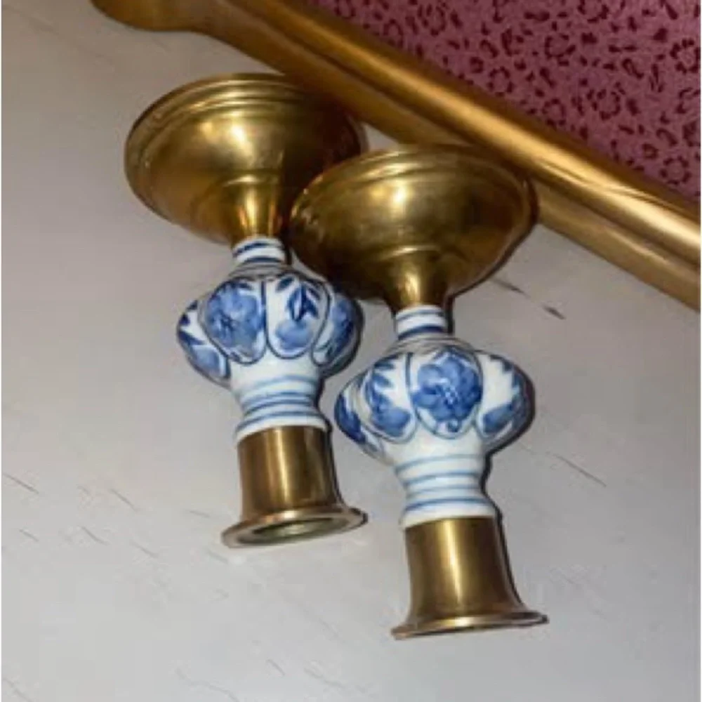 Solid Brass Delft Floral Blue White Porcelain2/  Taper 5” Candlestick Holders
